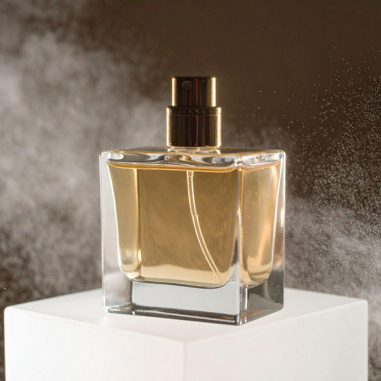 Perfume bottle with gold cap on a white platform against a brown background