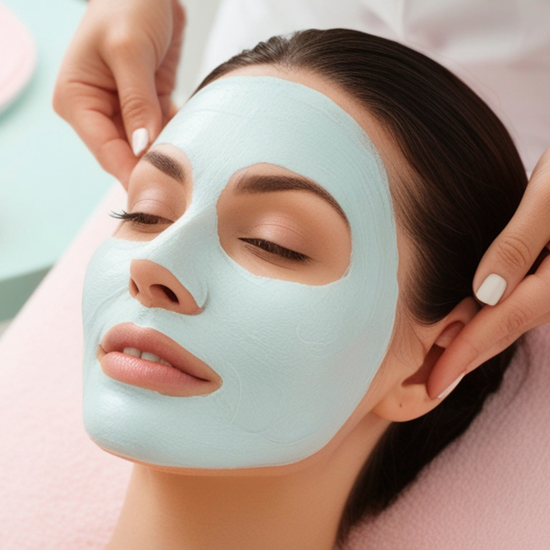 Woman receiving a facial mask treatment with a focus on skincare.